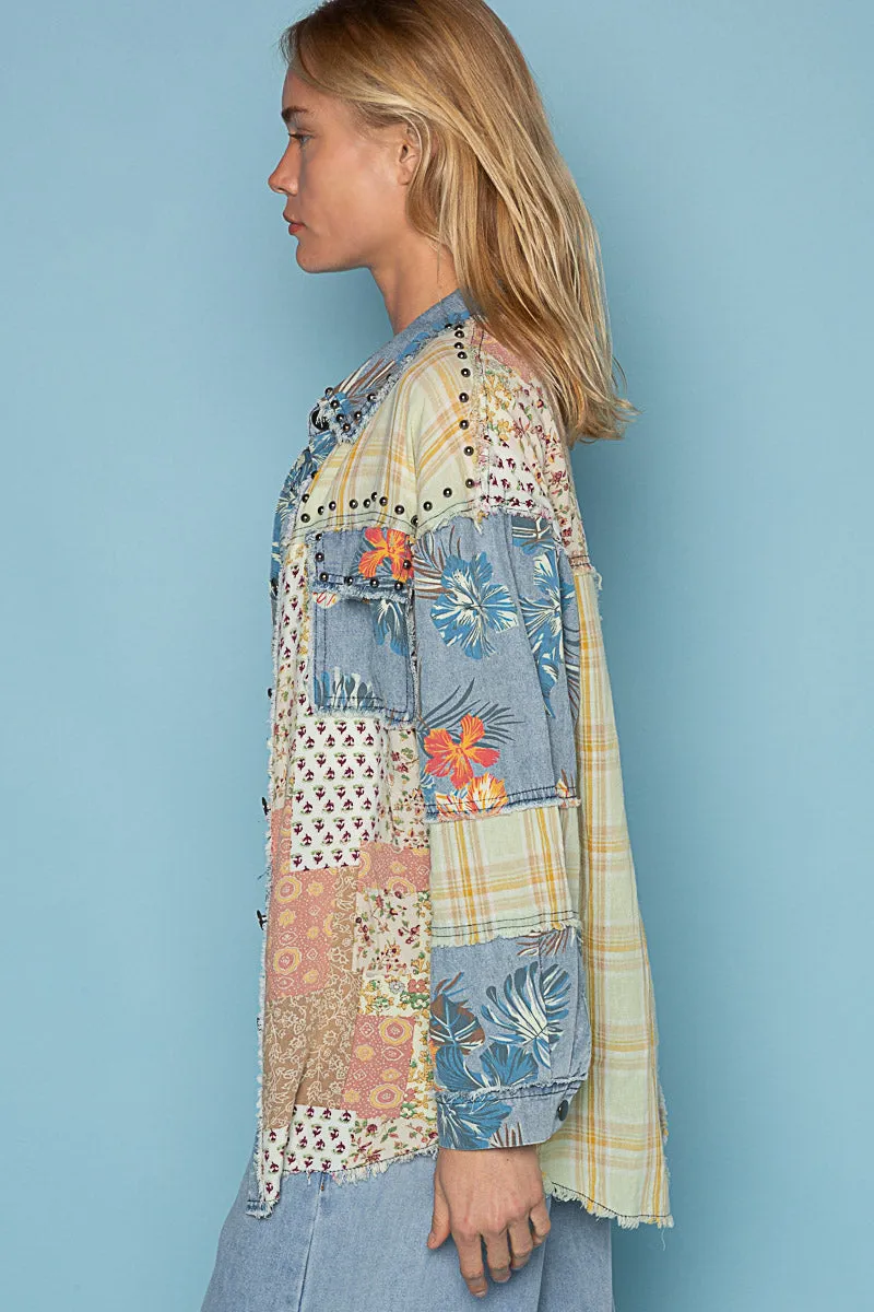 POL Patchwork Print Shacket in Denim Multi