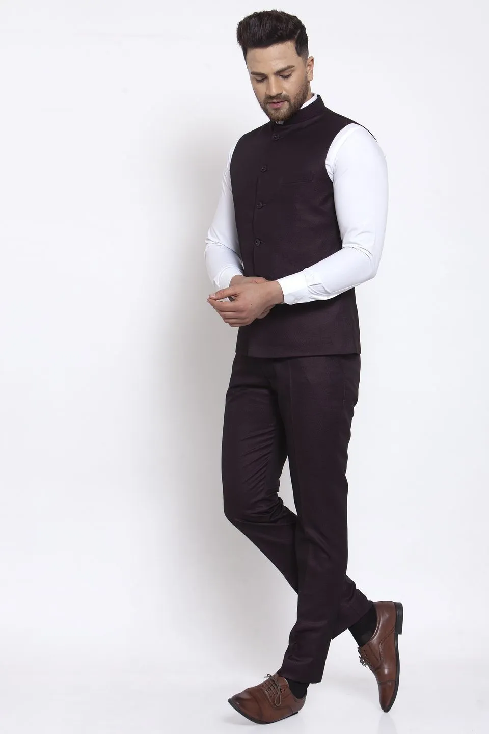 Poly Blend Brown Vest and Trouser Set