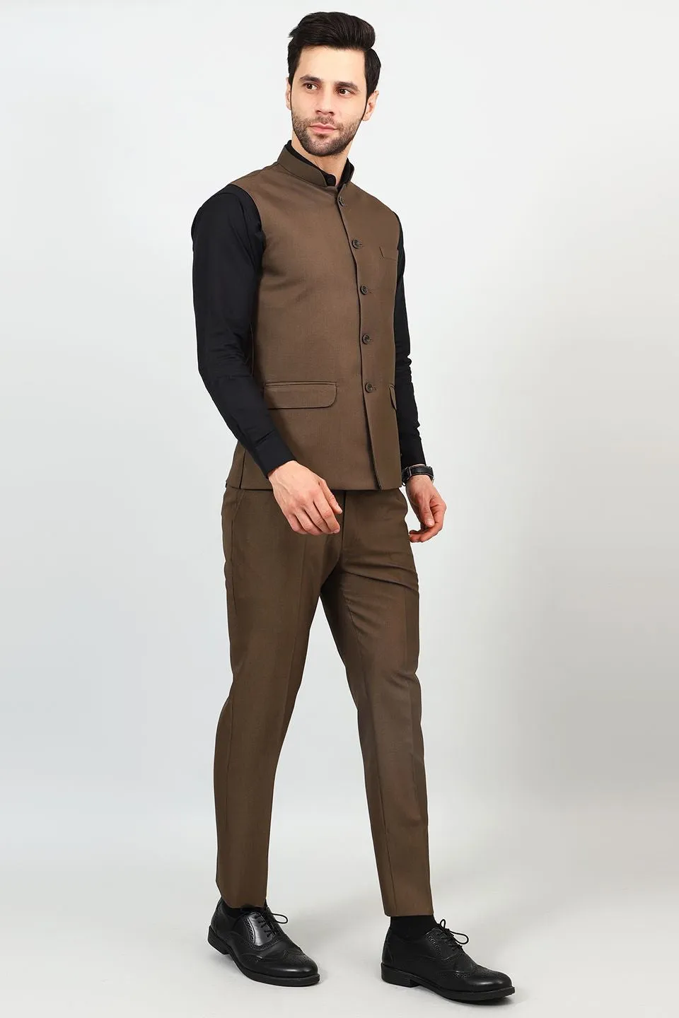 Poly Viscose Brown Vest and Trouser Set