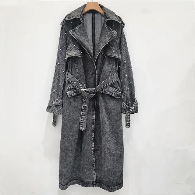 Pre Order:  Lace Up Denim Pearl Trench Coat