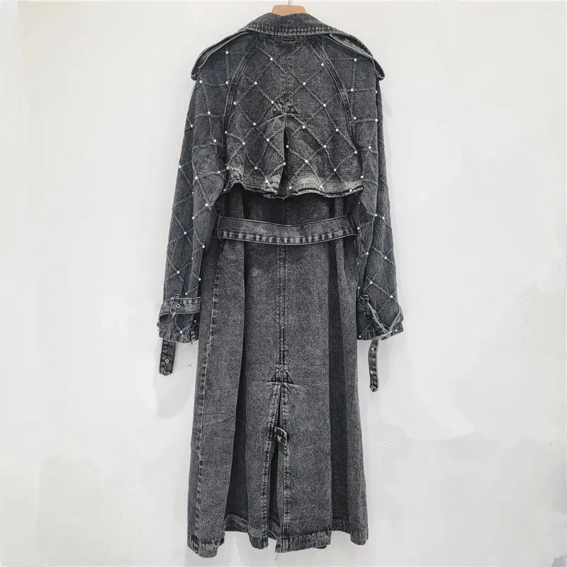 Pre Order:  Lace Up Denim Pearl Trench Coat