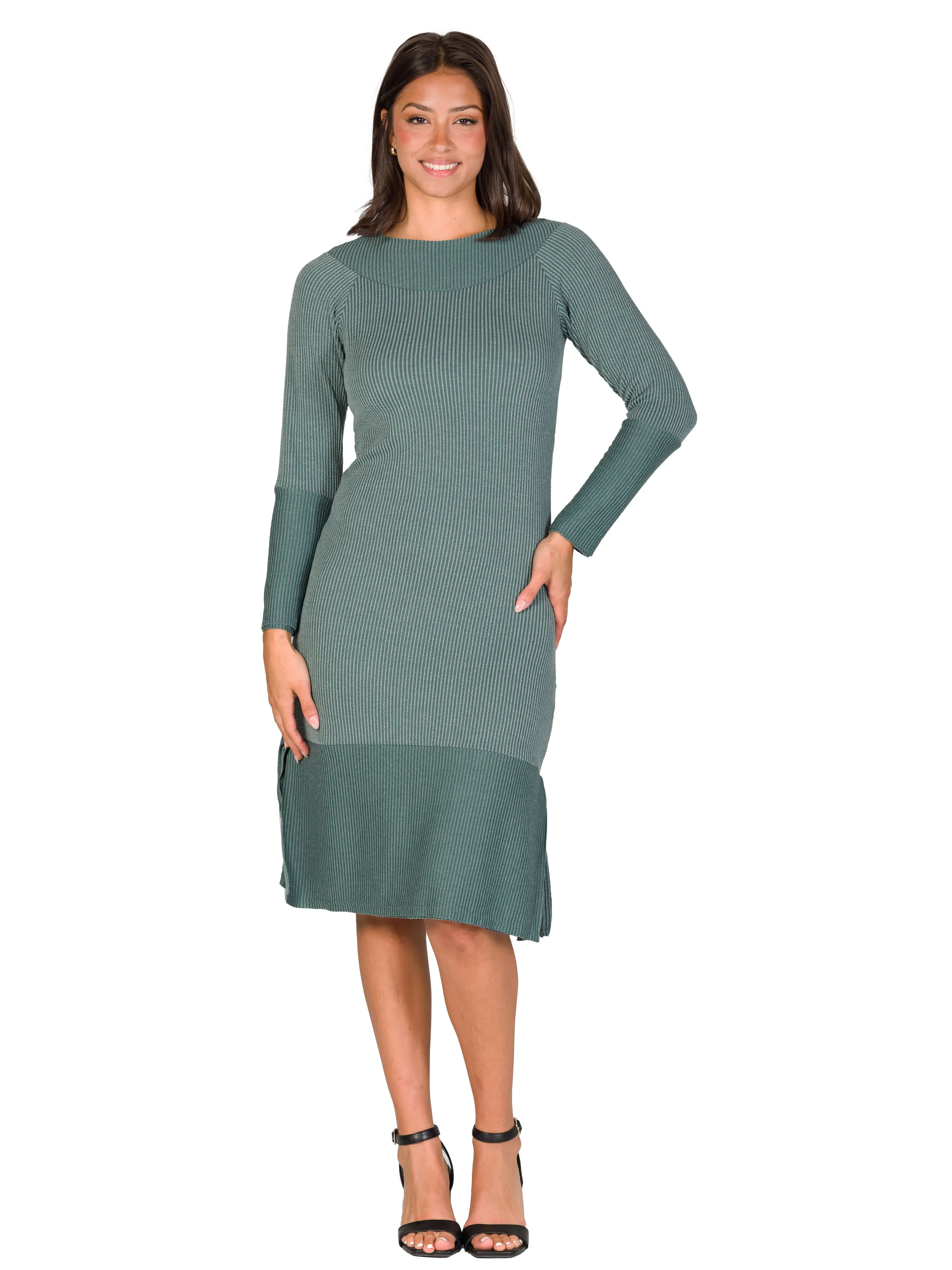 Ribbed Knit Long Sleeve Split Hem Sweater Dress