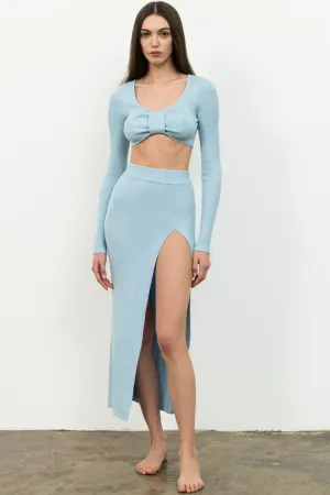 Ribbed Long Sleeve High Slit Two Piece Dress - Sky Blue