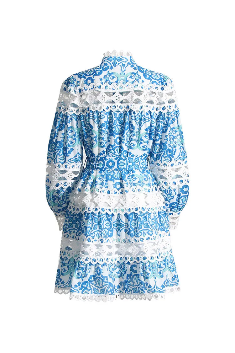 Romantic Floral Scalloped Lace Cutout Bishop Sleeve Belted Mini Shirt Dress