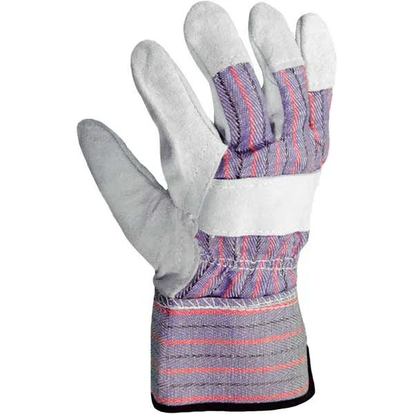 (S96115) Leather Work Gloves, Split Palm, Natural Cow Split Leather, Stripped Cotton Back Of Hand, Rubberized Safety Cuff, Reinforced Knuckle, Color-Natural/Blue, Large, Case of 12 Pairs