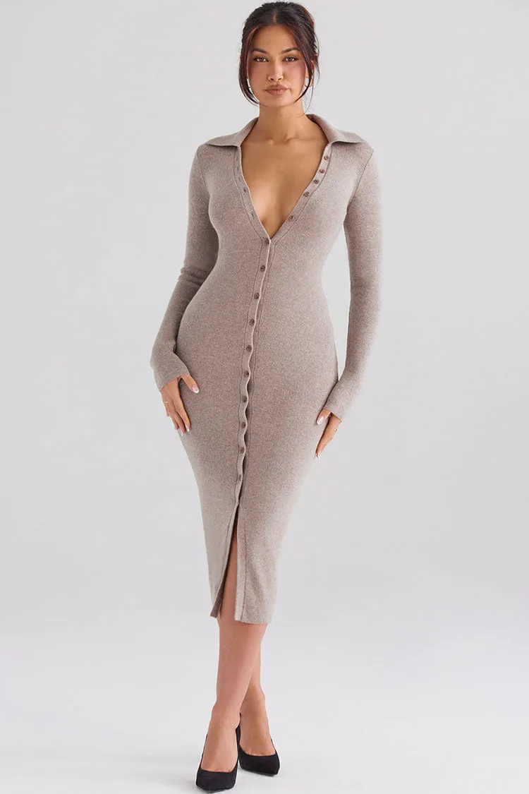 Sexy Collared Button Down Long Sleeve Bodycon Rib Knit Sweater Midi Dress - Camel