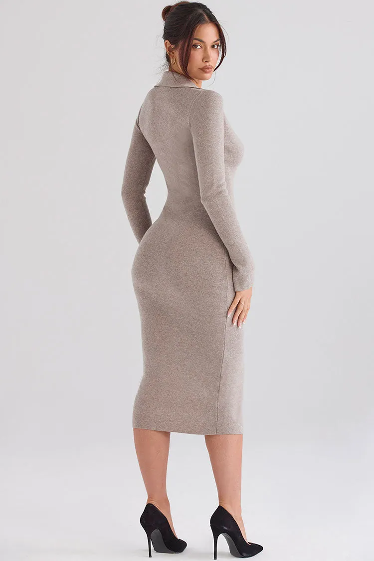 Sexy Collared Button Down Long Sleeve Bodycon Rib Knit Sweater Midi Dress - Camel