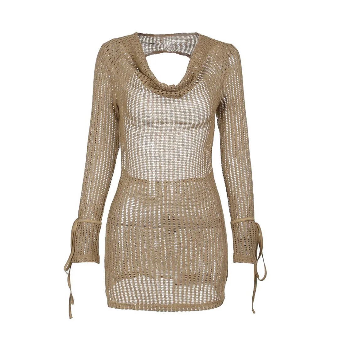 Sexy Cowl Neck Bell Sleeve Cutout Back Open Knit Crochet Mini Dress