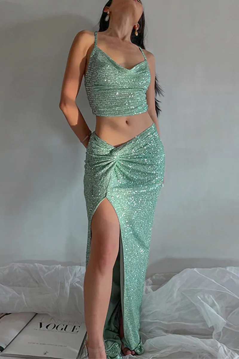 Sexy Patchwork Sequins Spaghetti Strap Sleeveless Two Pieces