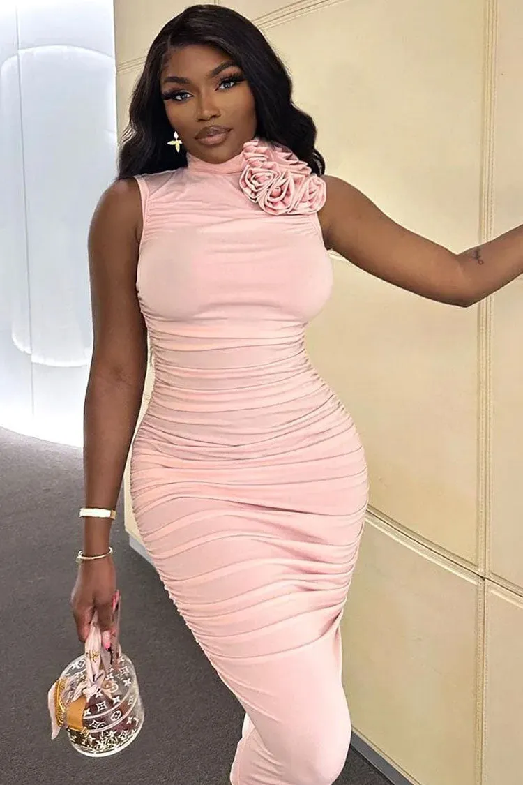 Sexy Rosette Corsage High Neck Sleeveless Ruched Cocktail Party Midi Dress - Pink