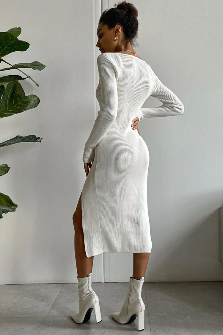 Sexy Sweetheart Neck Long Sleeve High Split Ribbed Knit Sweater Midi Dress - White