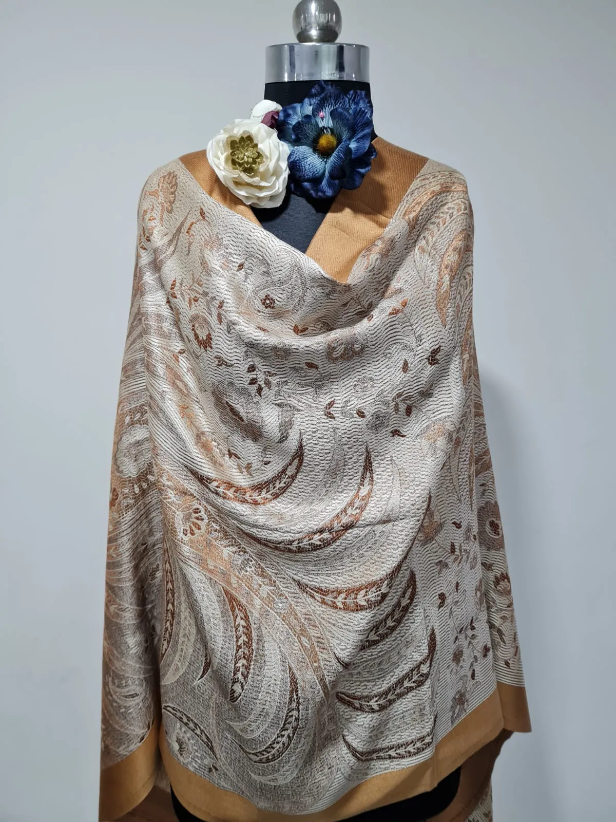 Silk Shawl Golden Brown Paisley Print Shawl