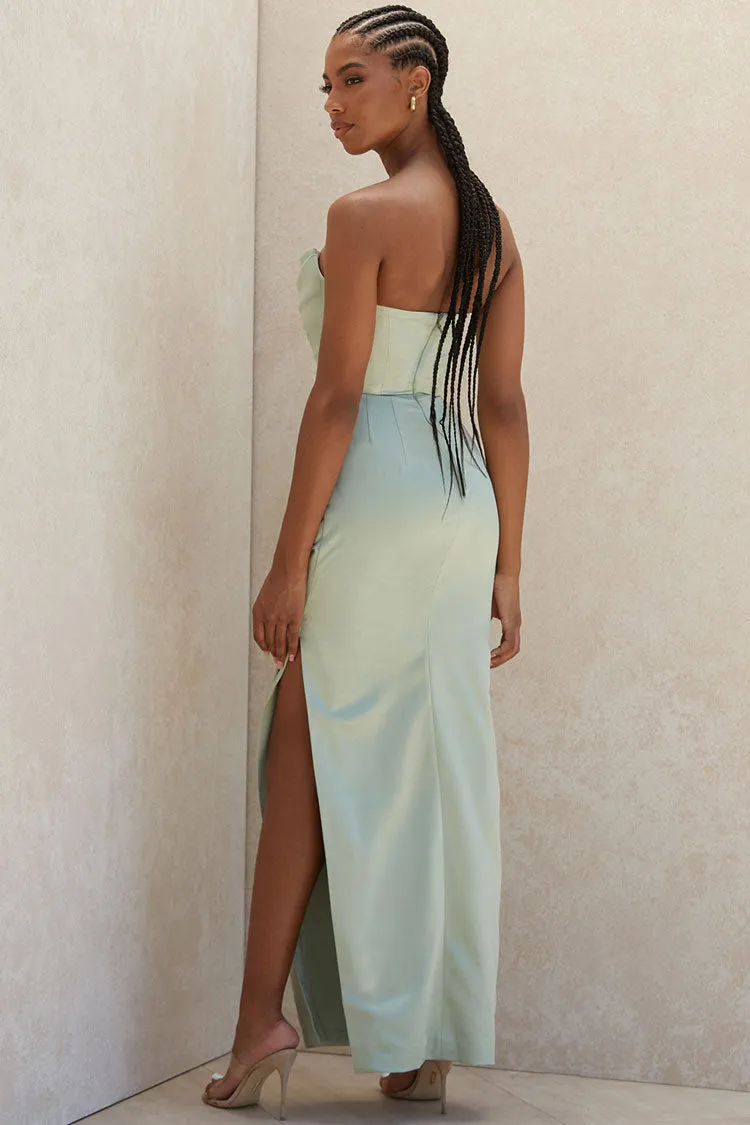 Silky High Slit Strapless Ruched Satin Maxi Dress - Sage Green