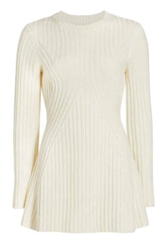 Simple Ribbed Knit Crew Neck Long Sleeve Winter Sweater Mini Dress - Off White