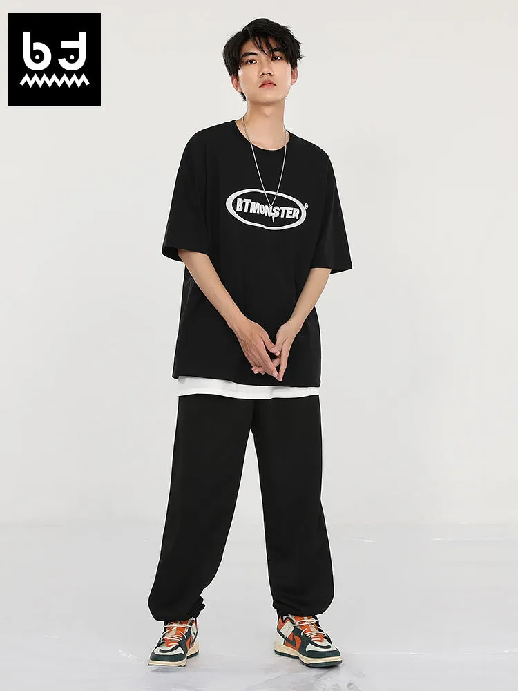 Simple sport wind side striped ribbon embroidered label drawstring leg sweatpants