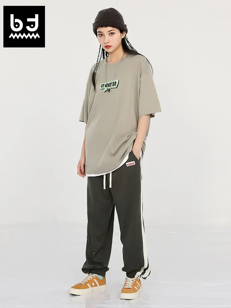 Simple sport wind side striped ribbon embroidered label drawstring leg sweatpants