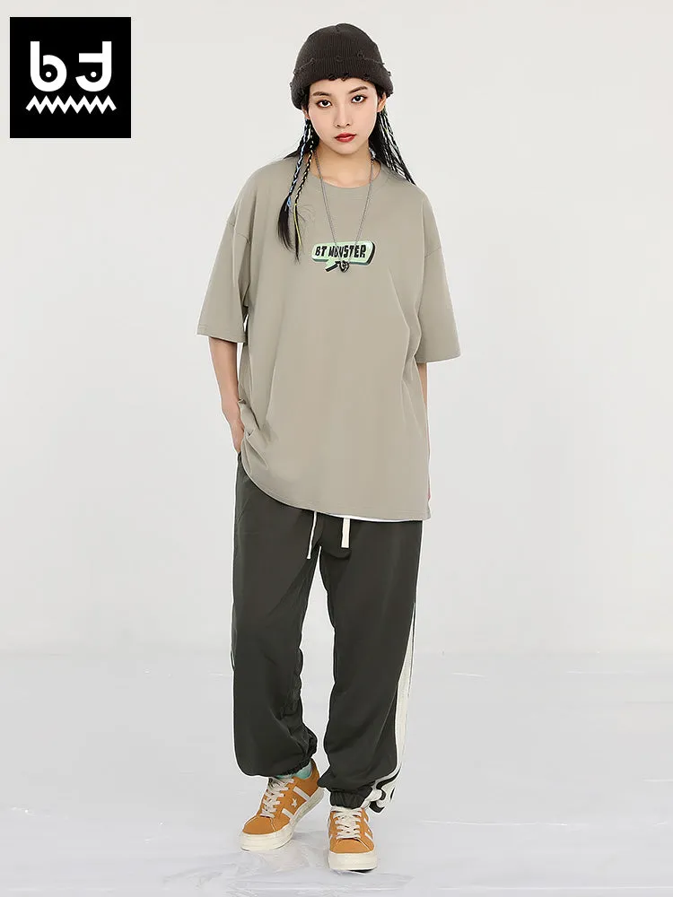 Simple sport wind side striped ribbon embroidered label drawstring leg sweatpants