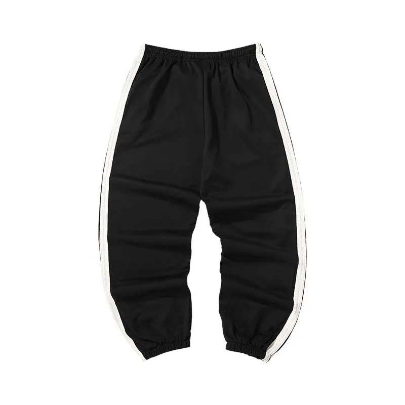 Simple sport wind side striped ribbon embroidered label drawstring leg sweatpants