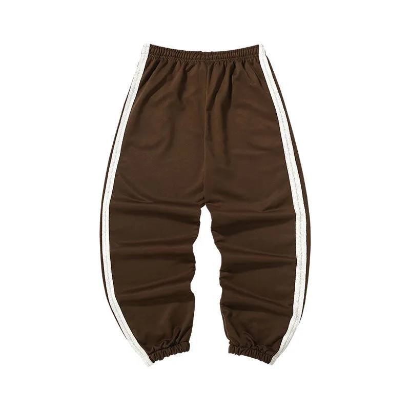 Simple sport wind side striped ribbon embroidered label drawstring leg sweatpants