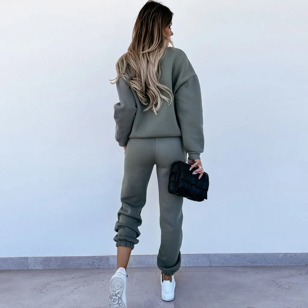 Simple Style Round Neck Long Sleeve Sweatsuit Matching Set - Army Green