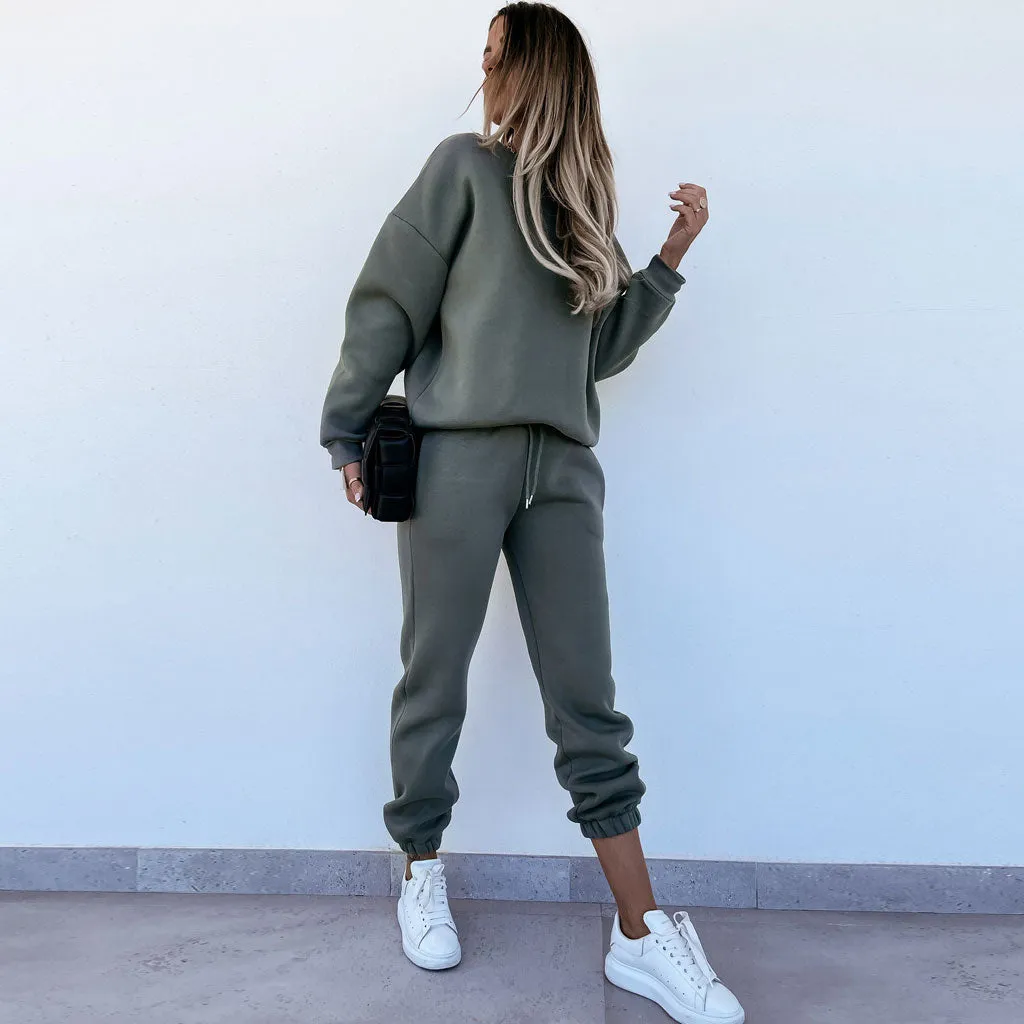 Simple Style Round Neck Long Sleeve Sweatsuit Matching Set - Army Green