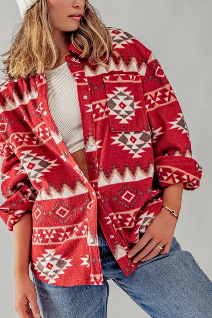 Soft Fleece Aztec Tribal Print Shacket