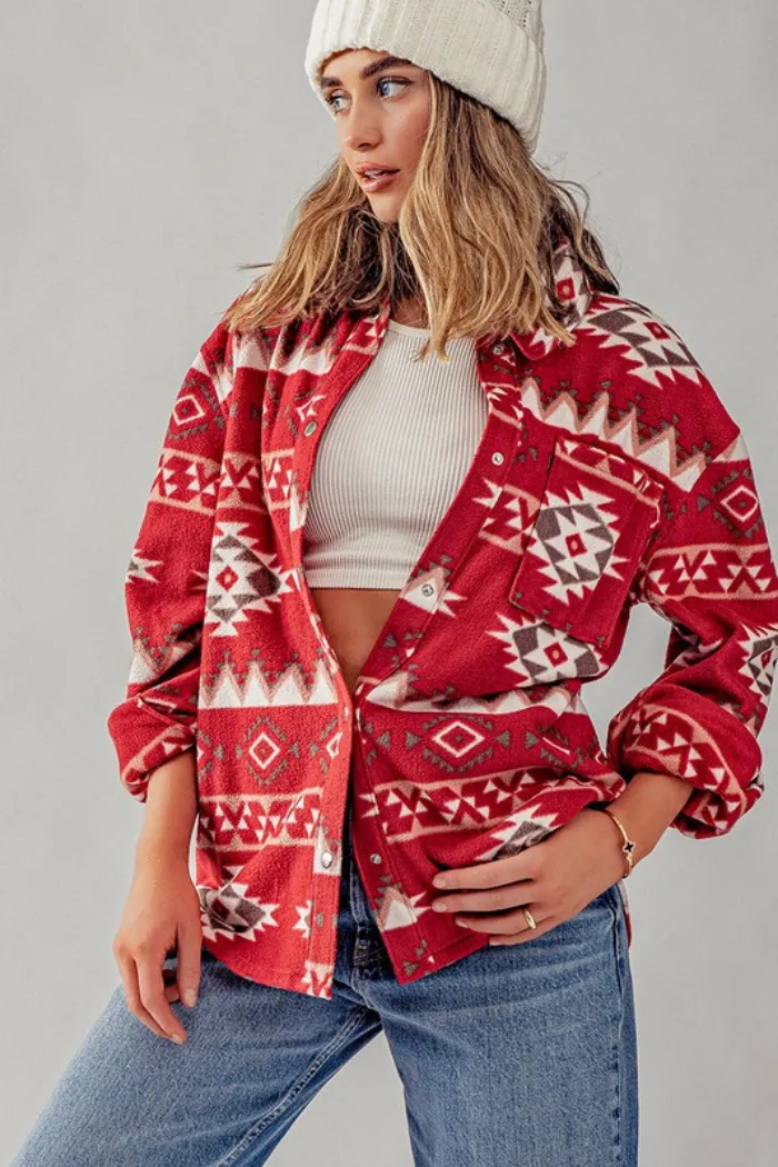 Soft Fleece Aztec Tribal Print Shacket