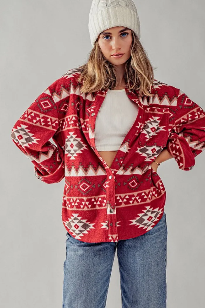 Soft Fleece Aztec Tribal Print Shacket