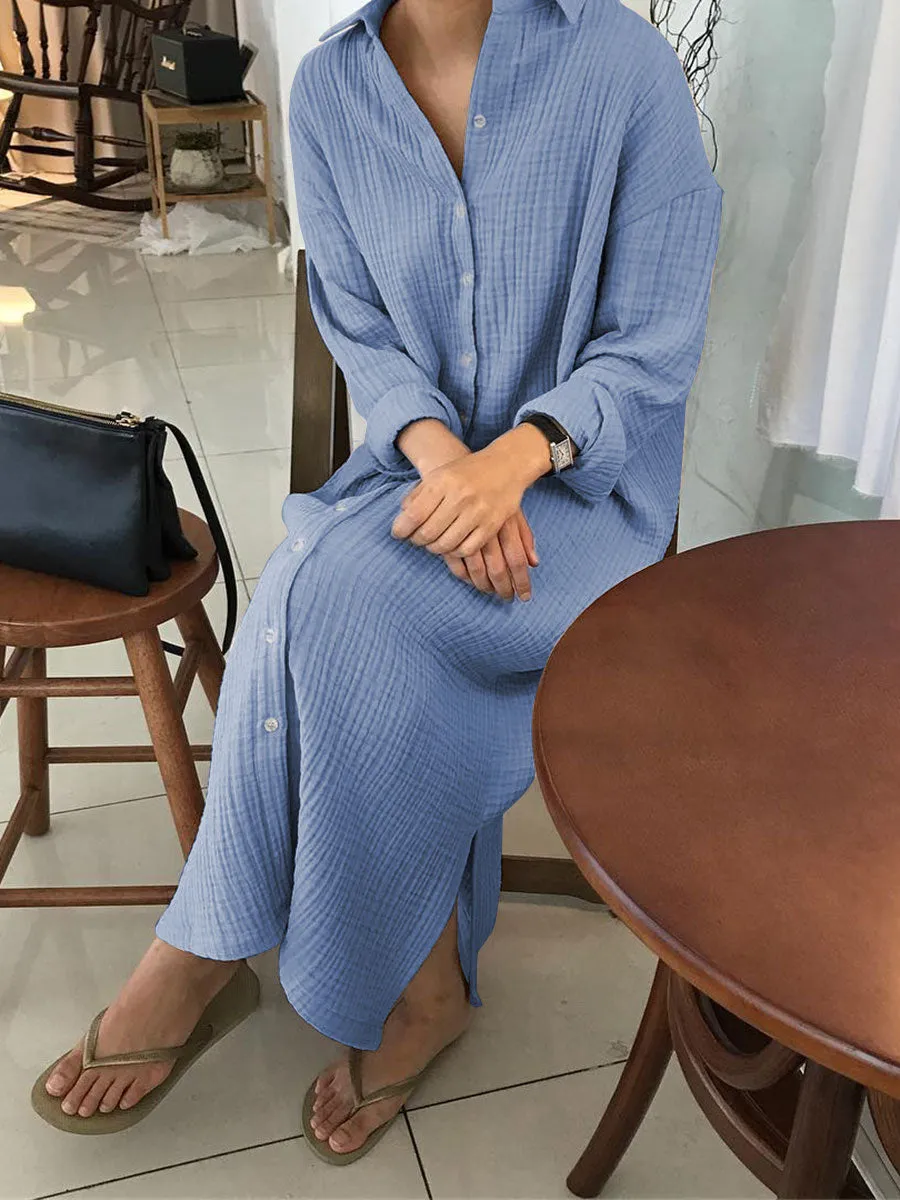 Solid Color Long Sleeve Shirt Collar Maxi Dress