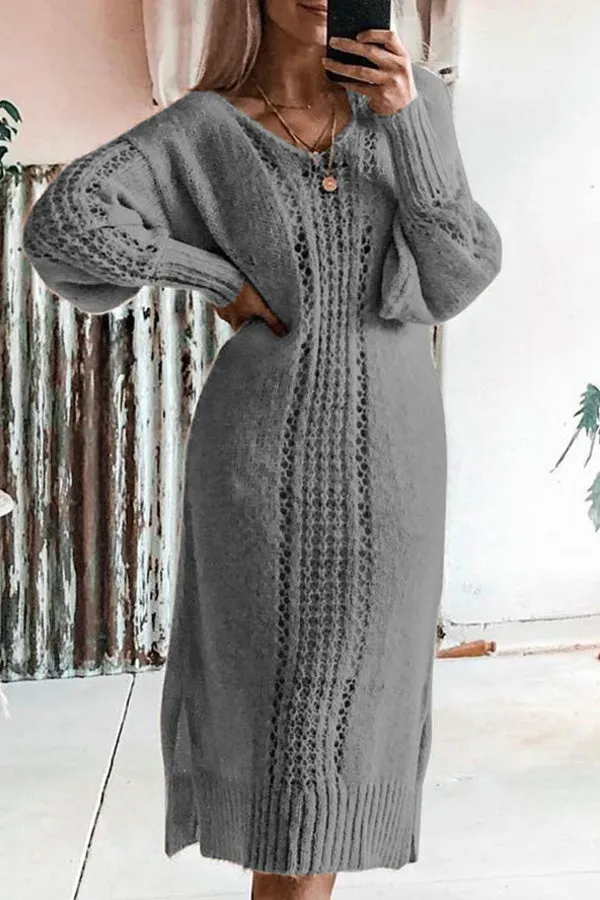 Solid Color V-neck Slit Sweater Dress