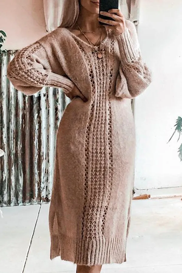 Solid Color V-neck Slit Sweater Dress