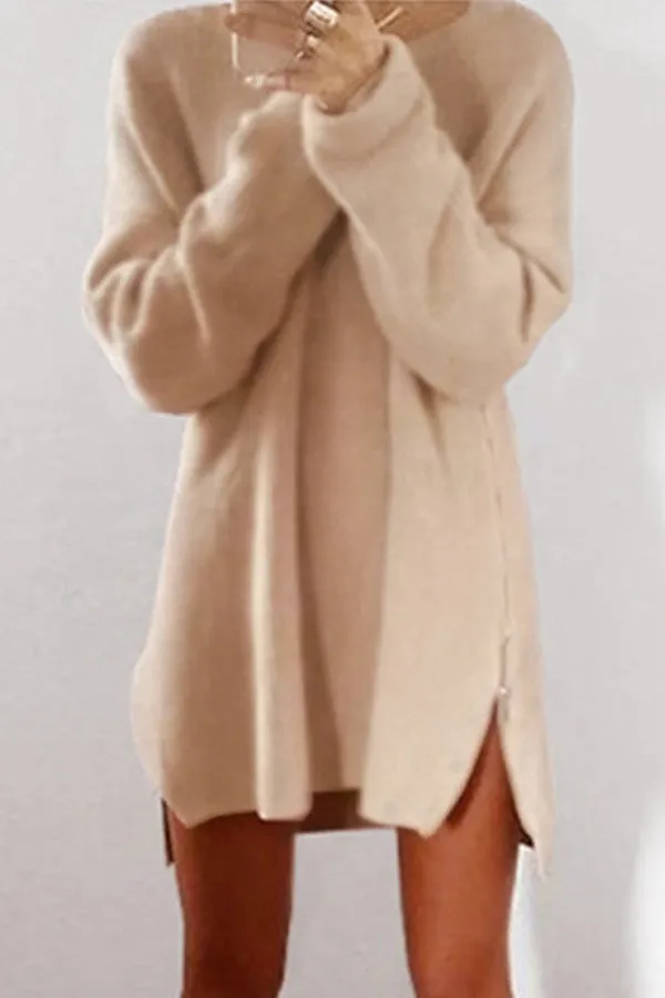 Solid Loose Zip Casual Sweater Dress