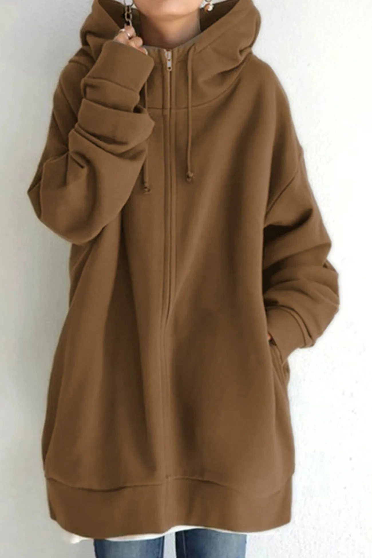 Solid Zipper Mid-length Hoodie