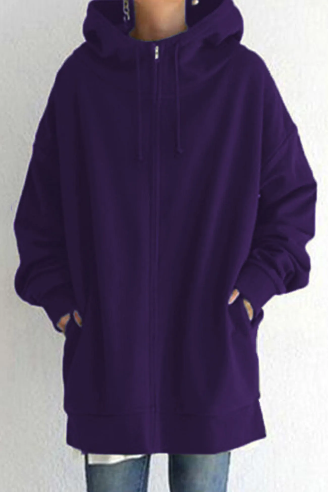 Solid Zipper Mid-length Hoodie