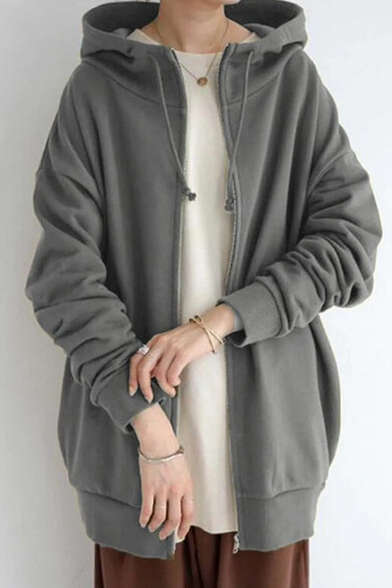 Solid Zipper Mid-length Hoodie