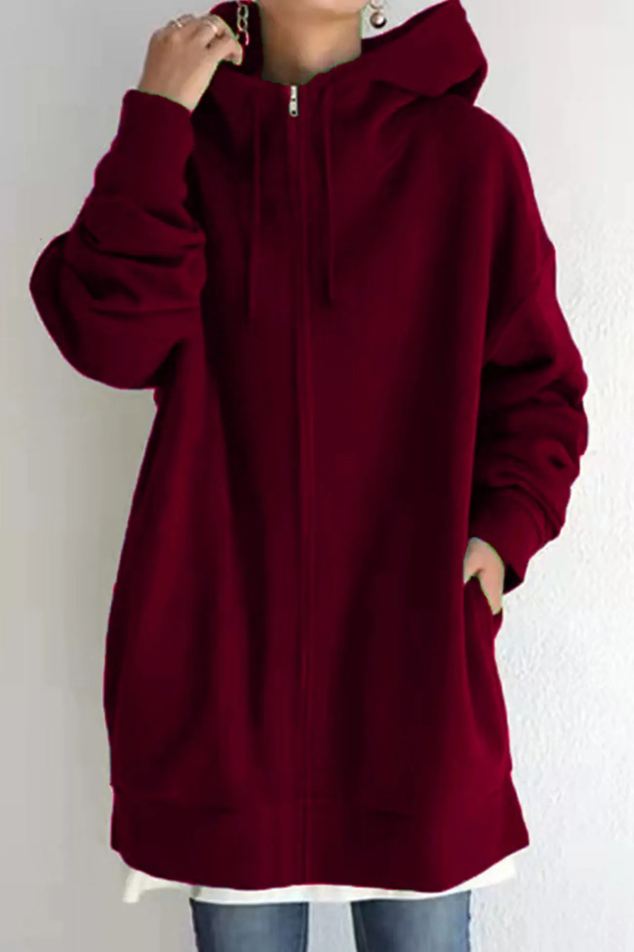 Solid Zipper Mid-length Hoodie