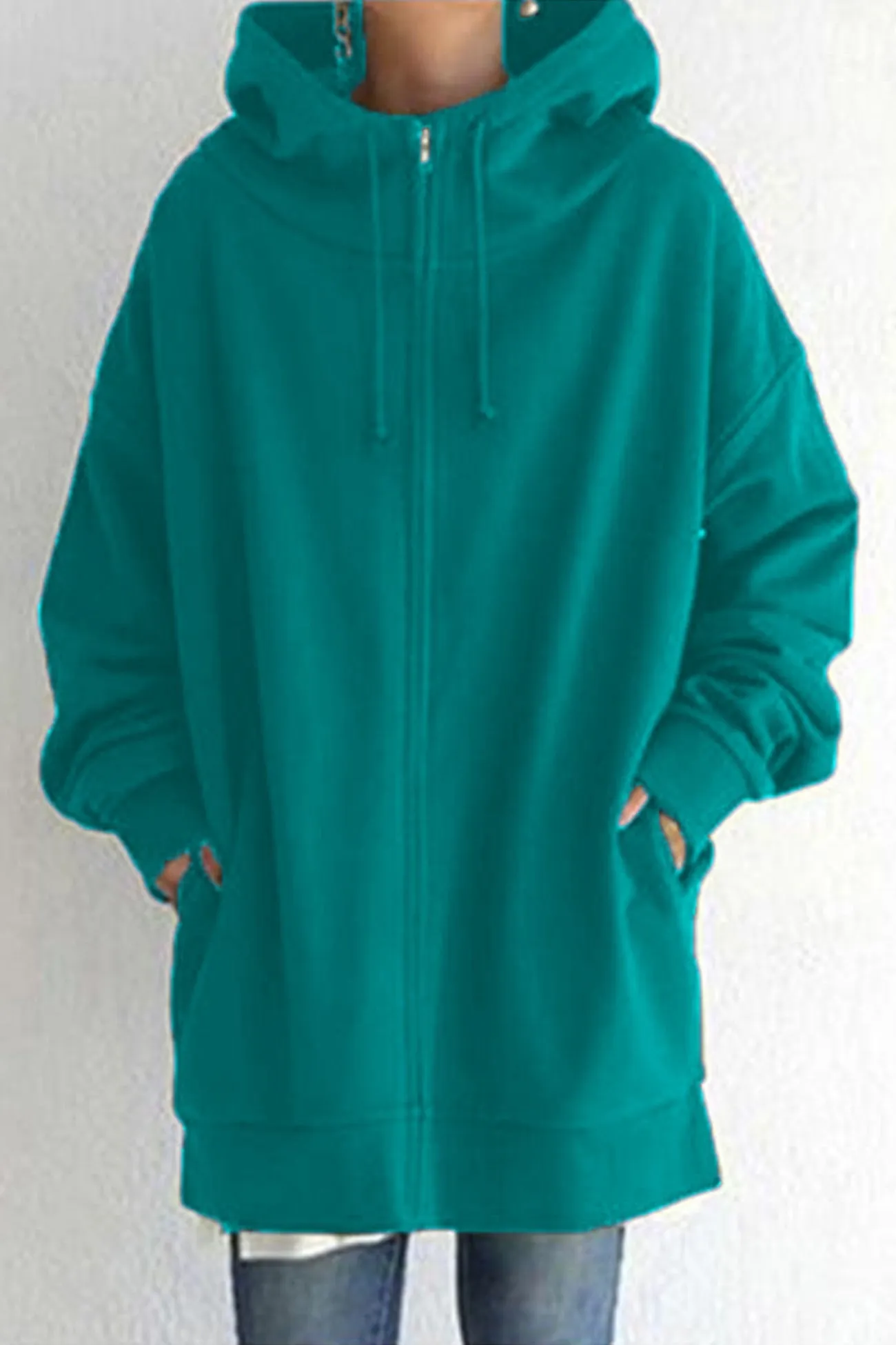 Solid Zipper Mid-length Hoodie