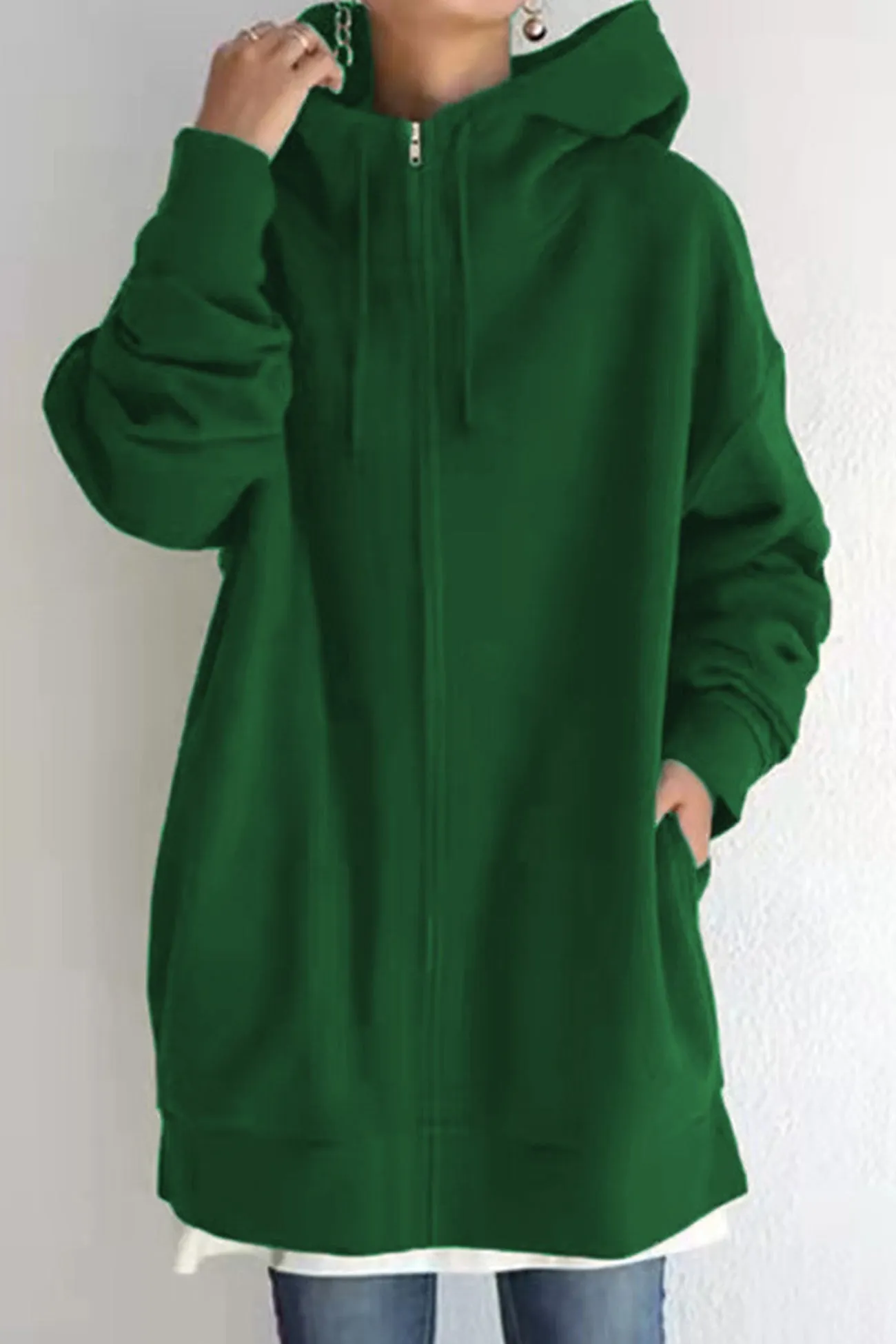 Solid Zipper Mid-length Hoodie