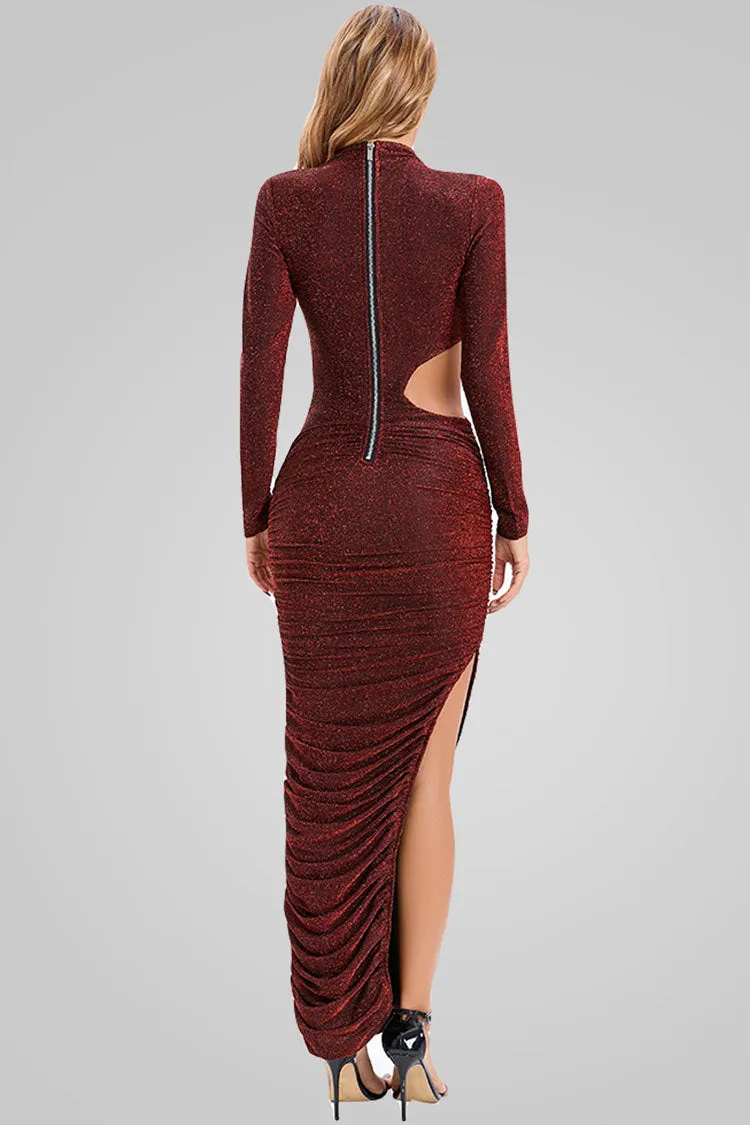 Sparkly Long Sleeve Ruched Cutout Split Formal Maxi Dress - Burgundy