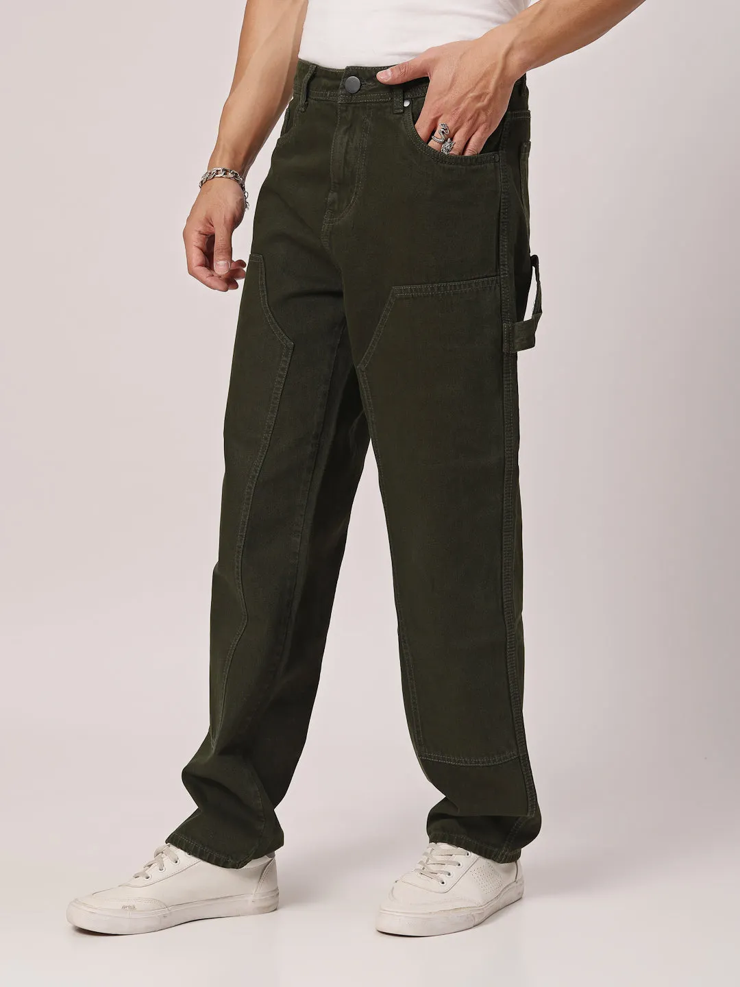 Style Quotient Men Olive Relaxed Fit Mid Rise Carpenter Jeans