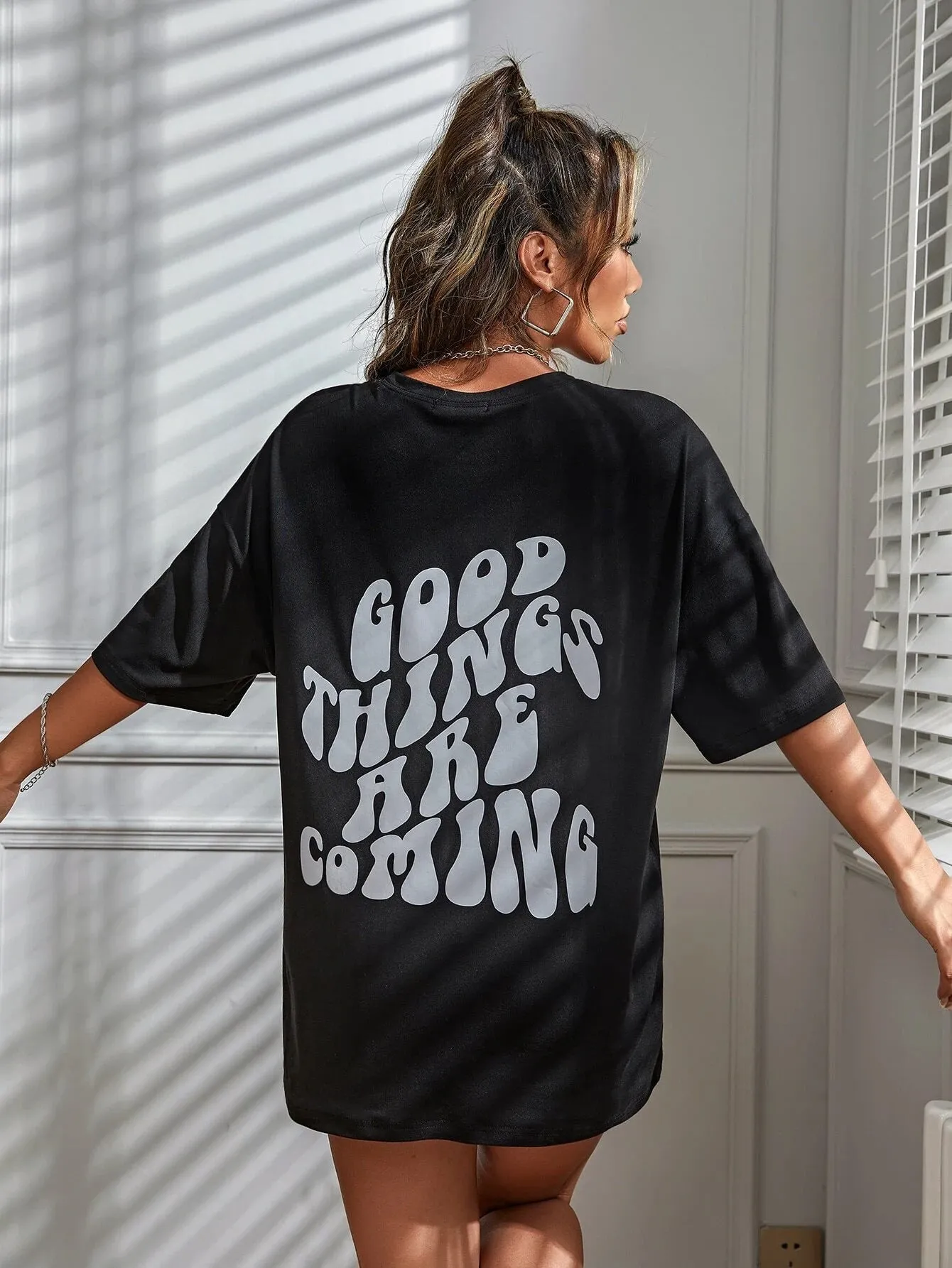 SXV  'Good Things Are Coming Reflective’ Printed Cool Aesthetic Oversized T-shirt