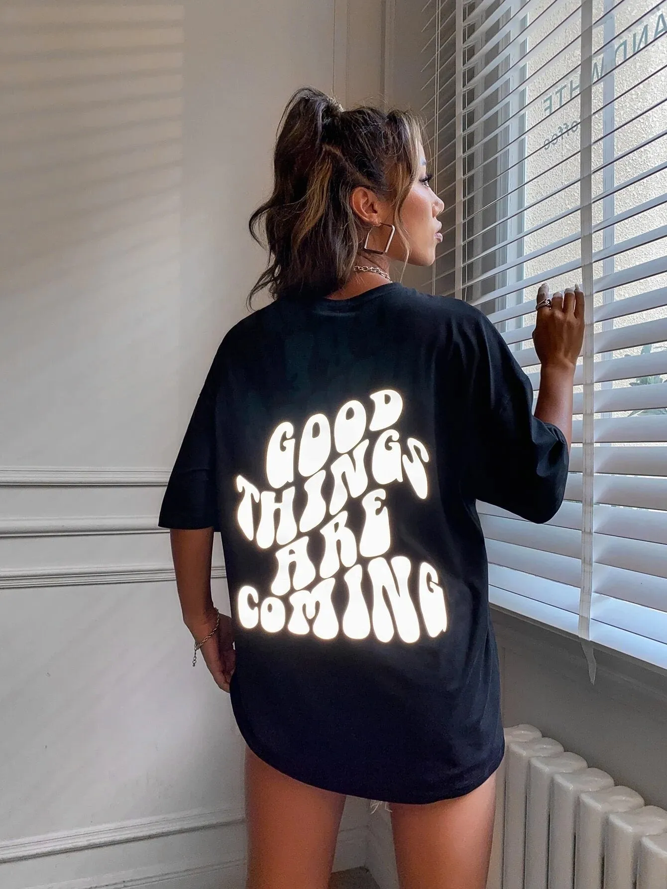 SXV  'Good Things Are Coming Reflective’ Printed Cool Aesthetic Oversized T-shirt