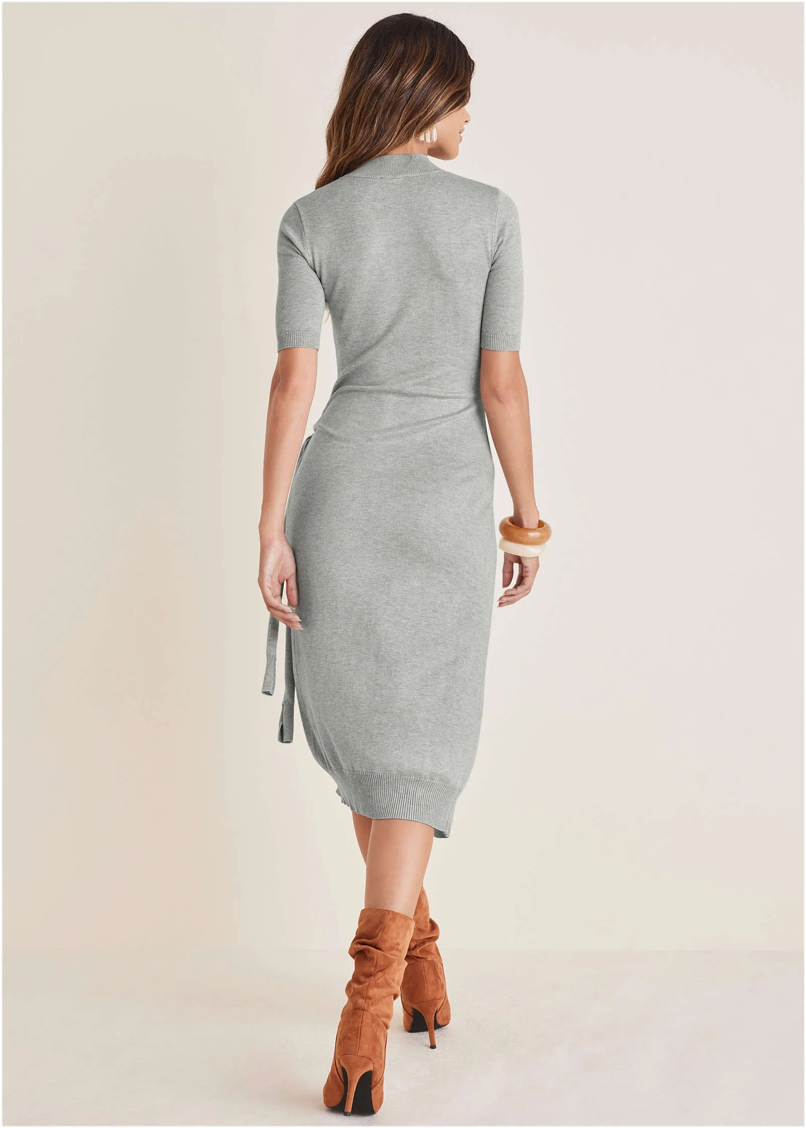 Tie Side Sweater Dress - Light Heather Grey