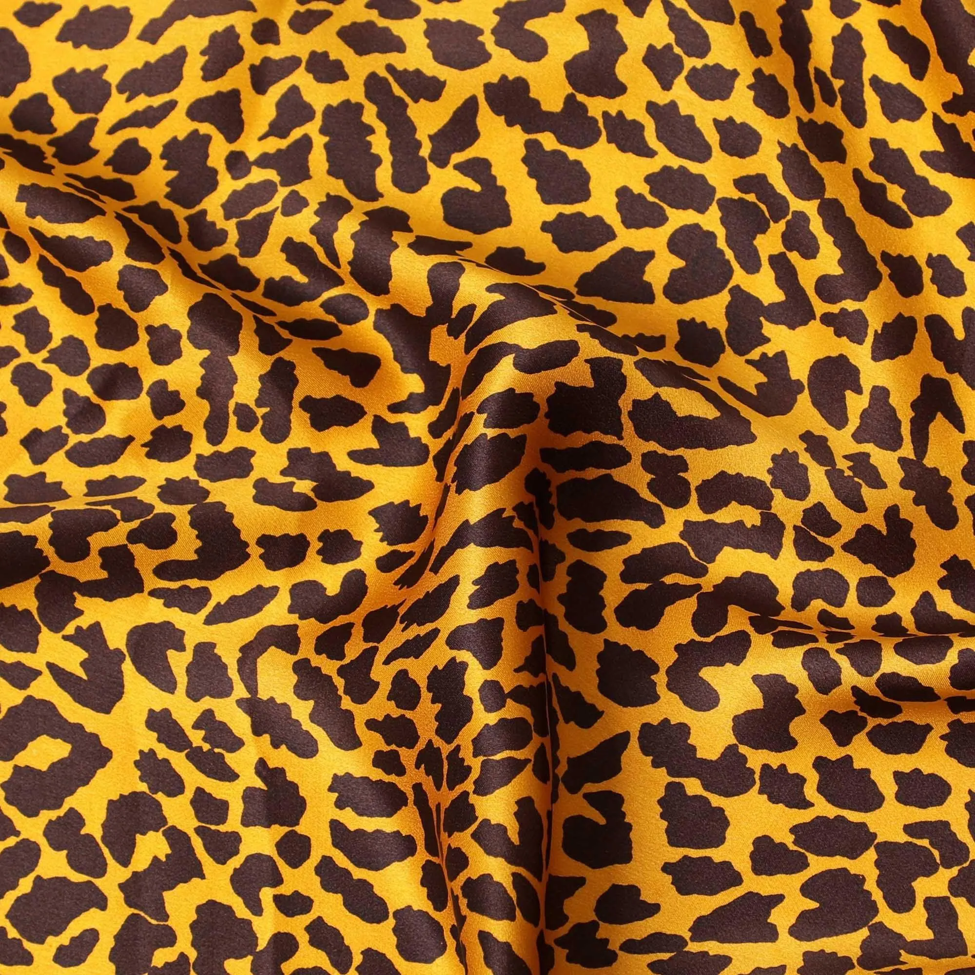 Tiger orange Premium 100% Pure silk satin fabric with mocha brown print in animal skin design-D9292