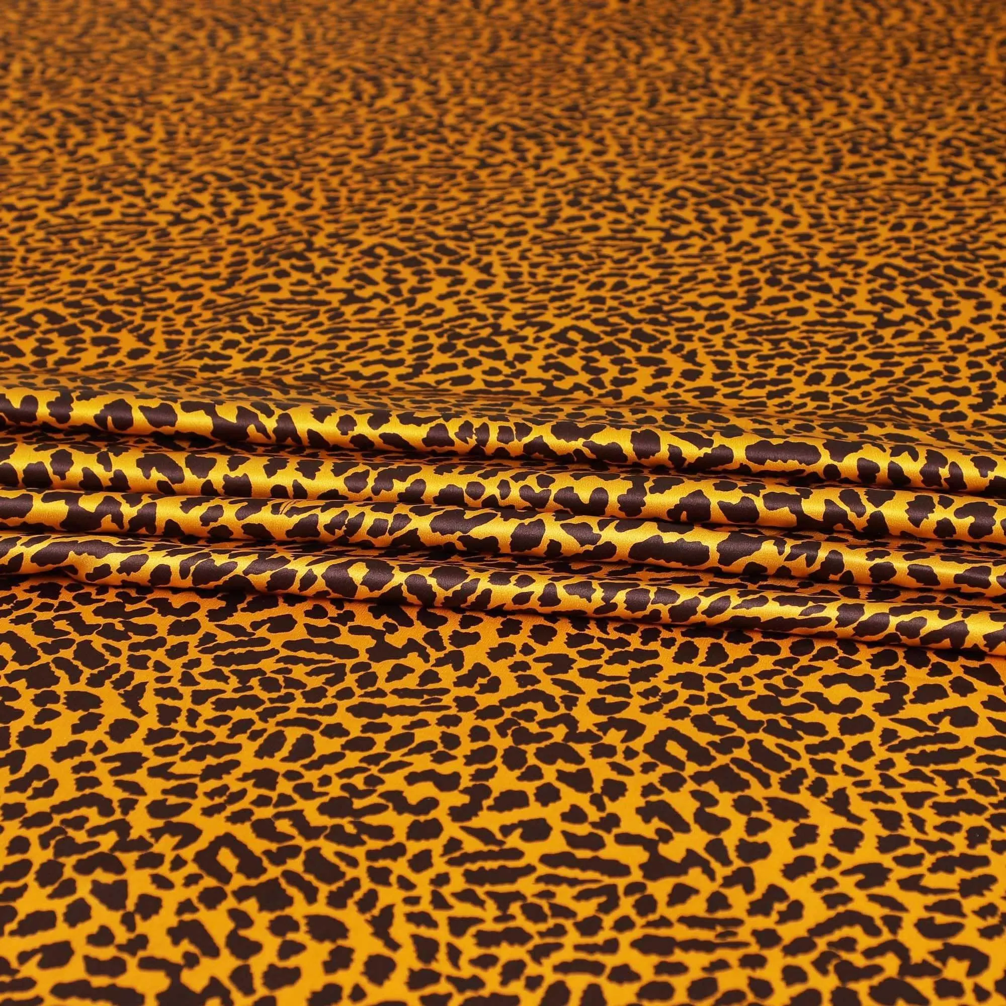 Tiger orange Premium 100% Pure silk satin fabric with mocha brown print in animal skin design-D9292