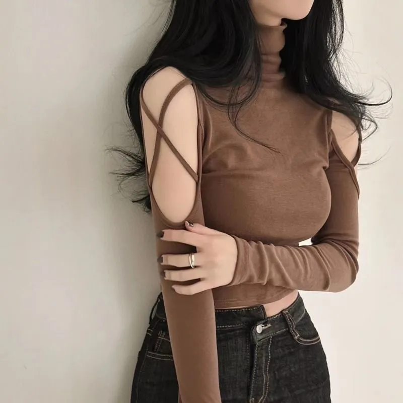 Toleet coachella valley music festival Tight Sexy off-the-Shoulder Top Women's Long-Sleeved Hot Girl Hollow-out Turtleneck Bottoming Shirt Short T-shirt