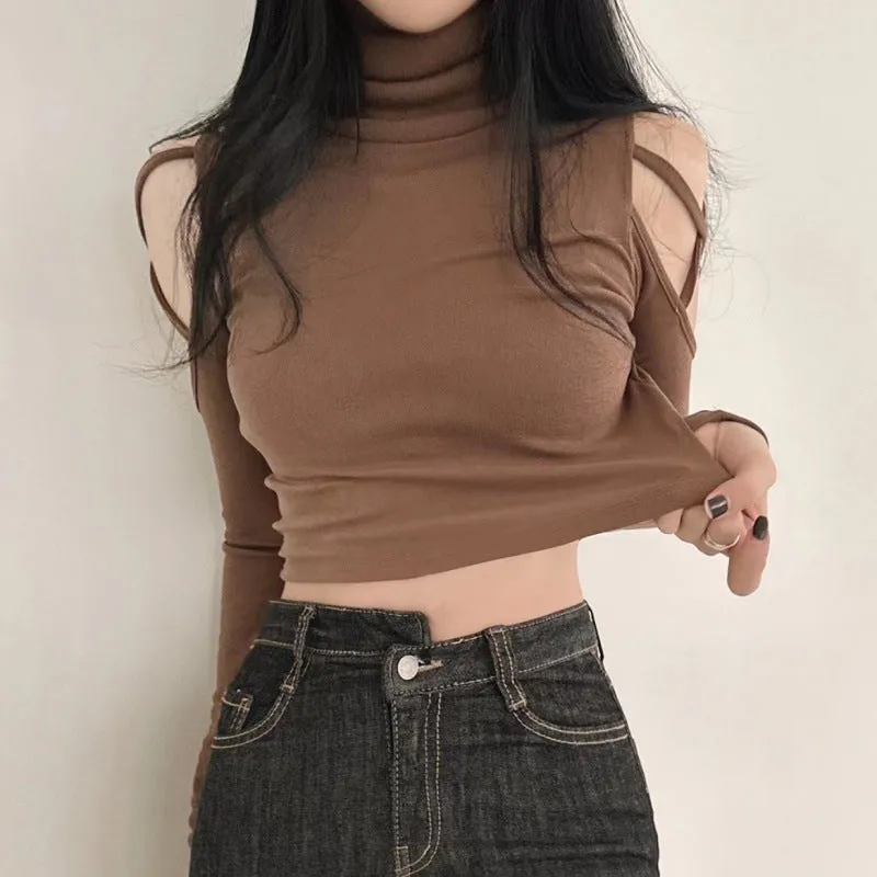 Toleet coachella valley music festival Tight Sexy off-the-Shoulder Top Women's Long-Sleeved Hot Girl Hollow-out Turtleneck Bottoming Shirt Short T-shirt