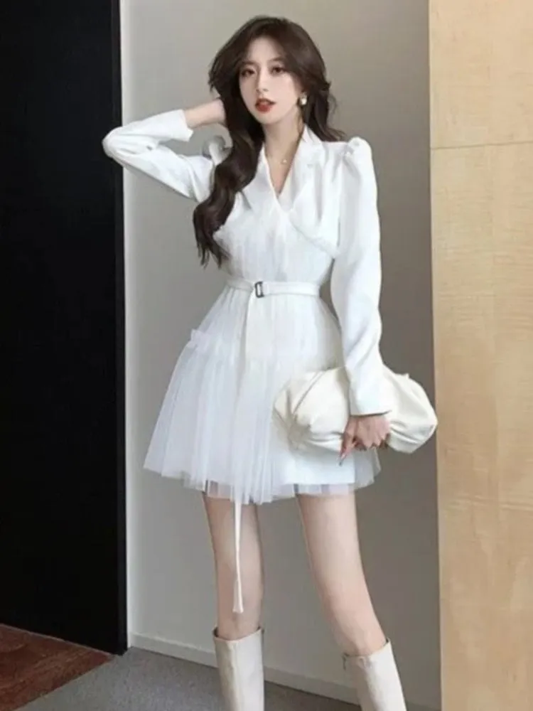 Toleet-Spring Women Elegant Patchwork Long Sleeve Dress Office Lady Mesh Blazer Dress Female Korean Fashion Dress