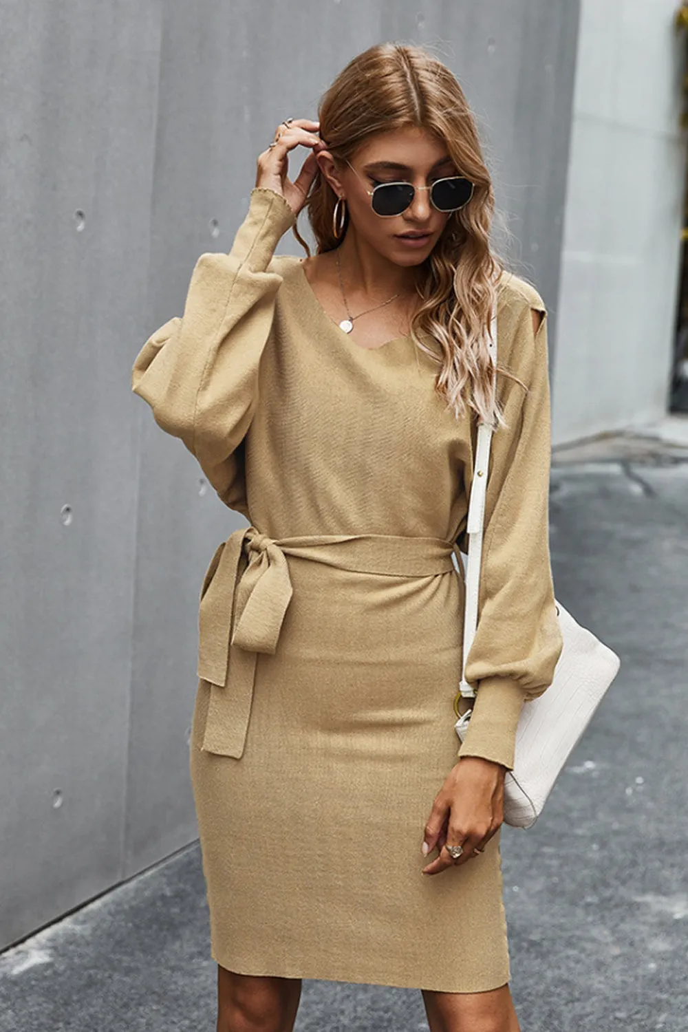 V-neck Hip Wrap Knit Dress