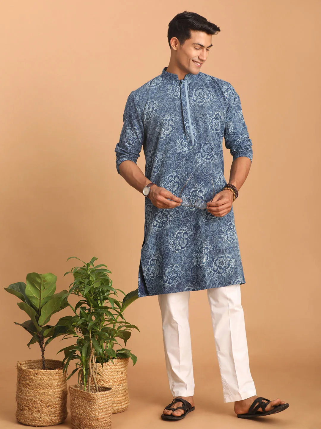 VASTRAMAY Blue Dot Printed Denim Kurta Set